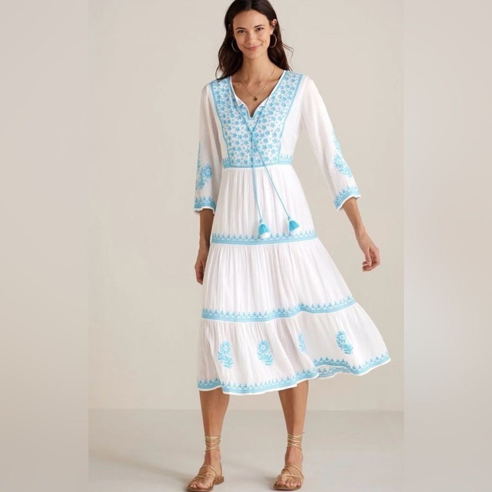 Soft Surroundings Juniper Dress White And Blue Tiered Dress Size Small boho